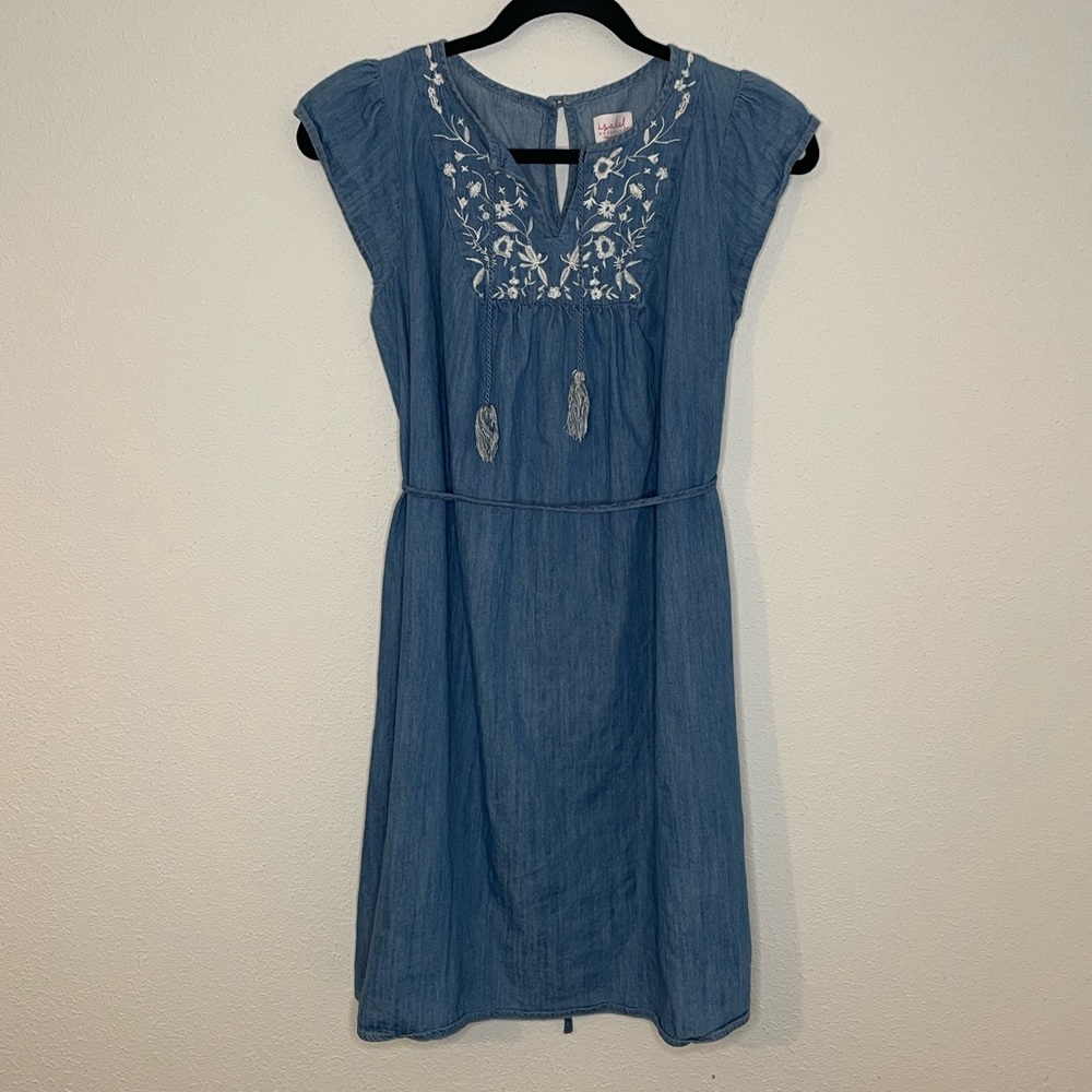 Isabel Maternity Chambray Cotton Mini Dress with White Embroidery size XSmall